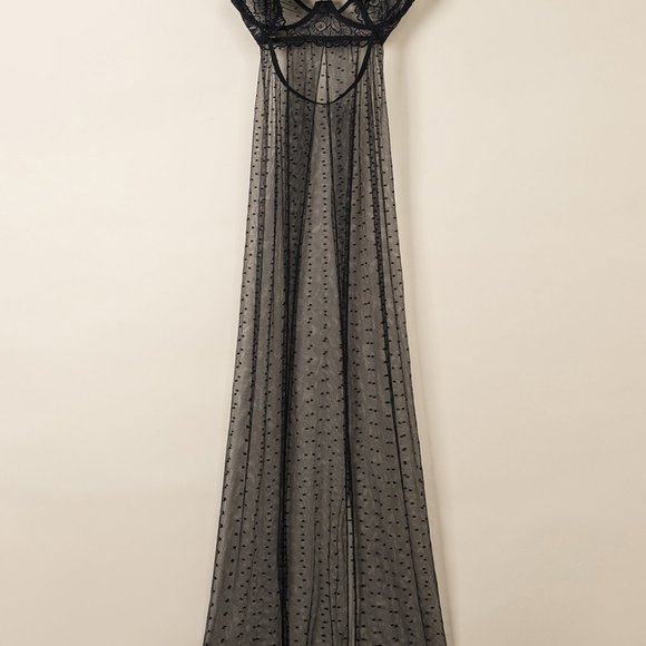 Black Sheer Lace Double Splits Maxi Gown with Thong Lingerie Set - Picture 7 of 15